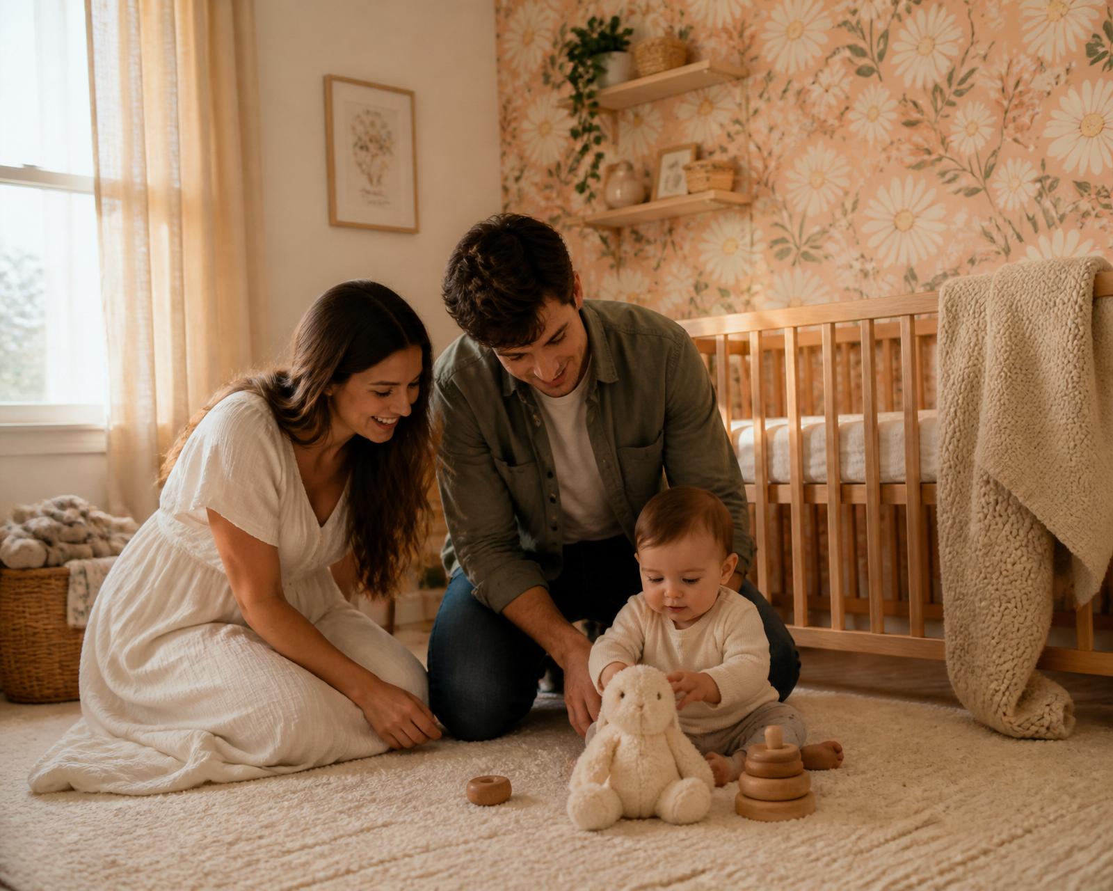 Young mom and dad playing with their baby on a nursery rug beside a light oak crib against WaveBlock SafeWall™ WB-DAISY peach daisy wall covering